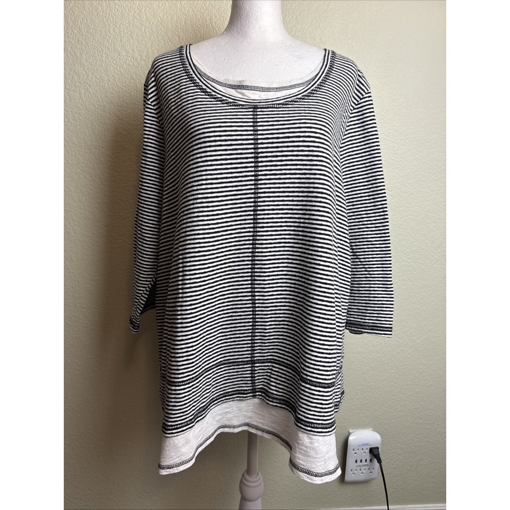 Onque Top 1X Womens Plus Size Striped Knit Tunic Shirt Layered Cuffed Blouse 3/4
